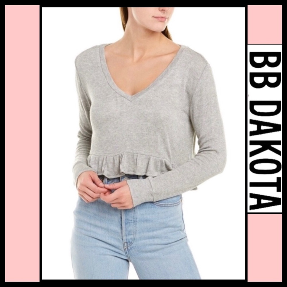 NWT BB DAKOTA NWT Grey Crop-Ruffled hem light weight thermal Knit Top S - Picture 1 of 9